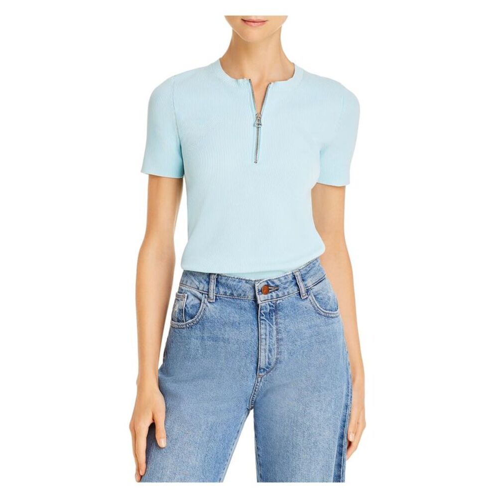 HELMUT LANG Womens Light Blue Ribbed Fitted Short Sleeve Zip Neck Top S